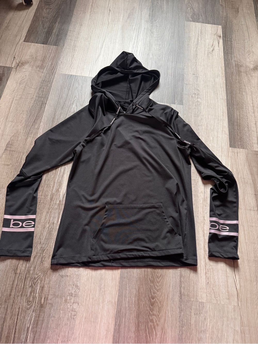 bebe Black Hooded Pullover with Pink Sleeve Accents